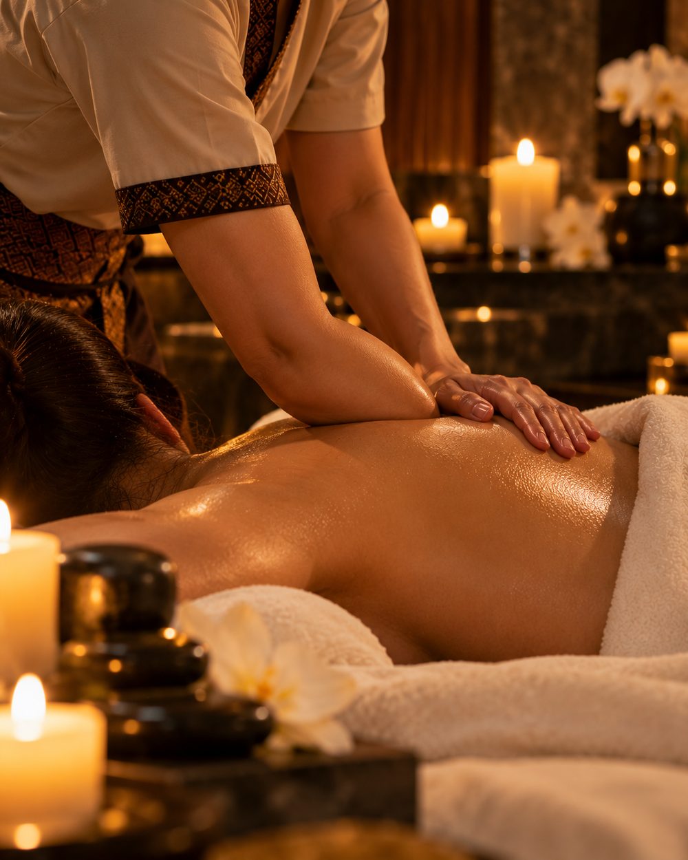 Therapist applying firm pressure to a client's shoulder