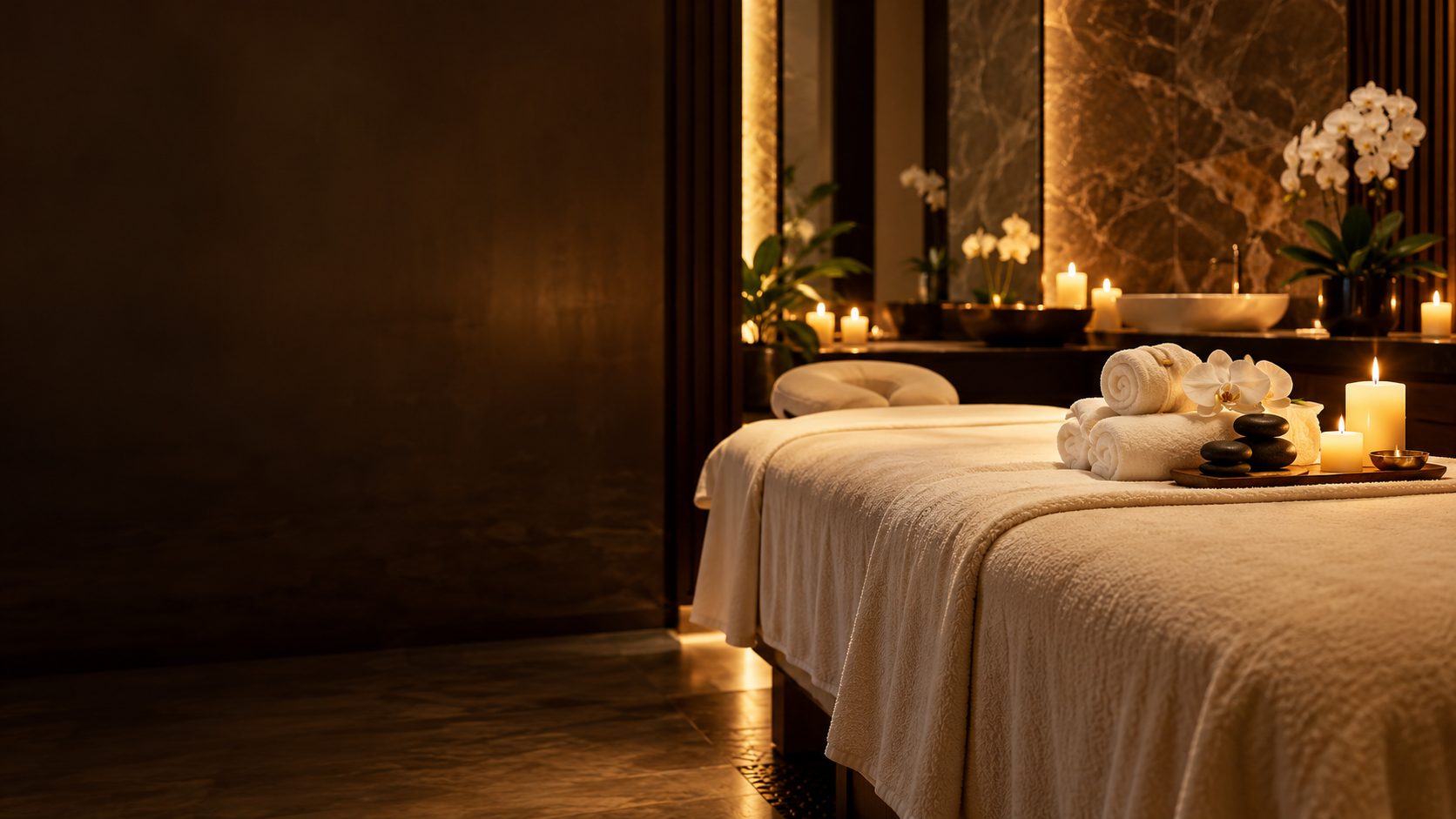 Candlelit spa treatment room with a massage bed and orchids