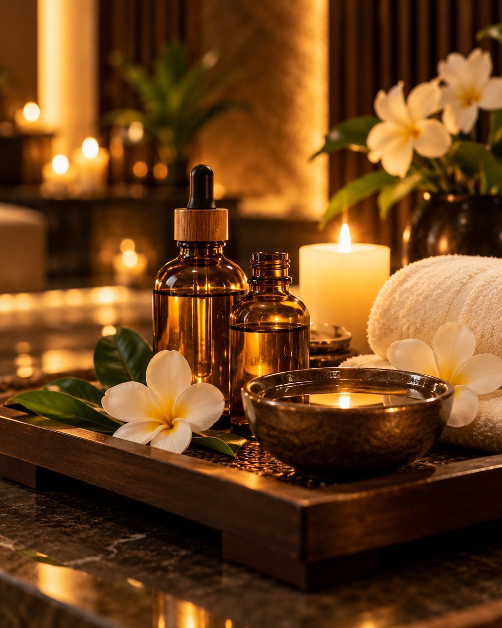 Aromatherapy oil bottles, frangipani flowers and a candle on a teak tray